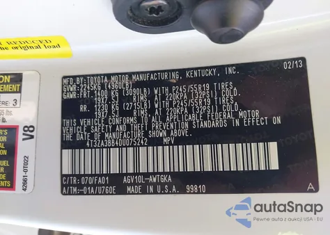 2013 Toyota Venza Le z USA, uszkodzony, nr VIN 4T3ZA3BB4DU075242